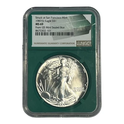 Silver Eagle 1987 (S) NGC MS69 (núcleo verde) de Estados Unidos como nuevo caja sellada 5A Foto 1 de 2