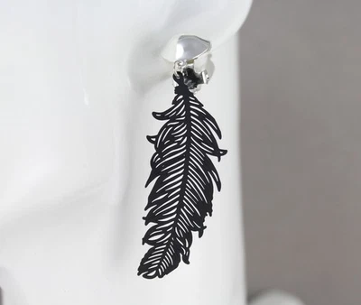 Black Clip On earrings filigree feather pendant clips lightweight 2.5" long - Image 1 of 4