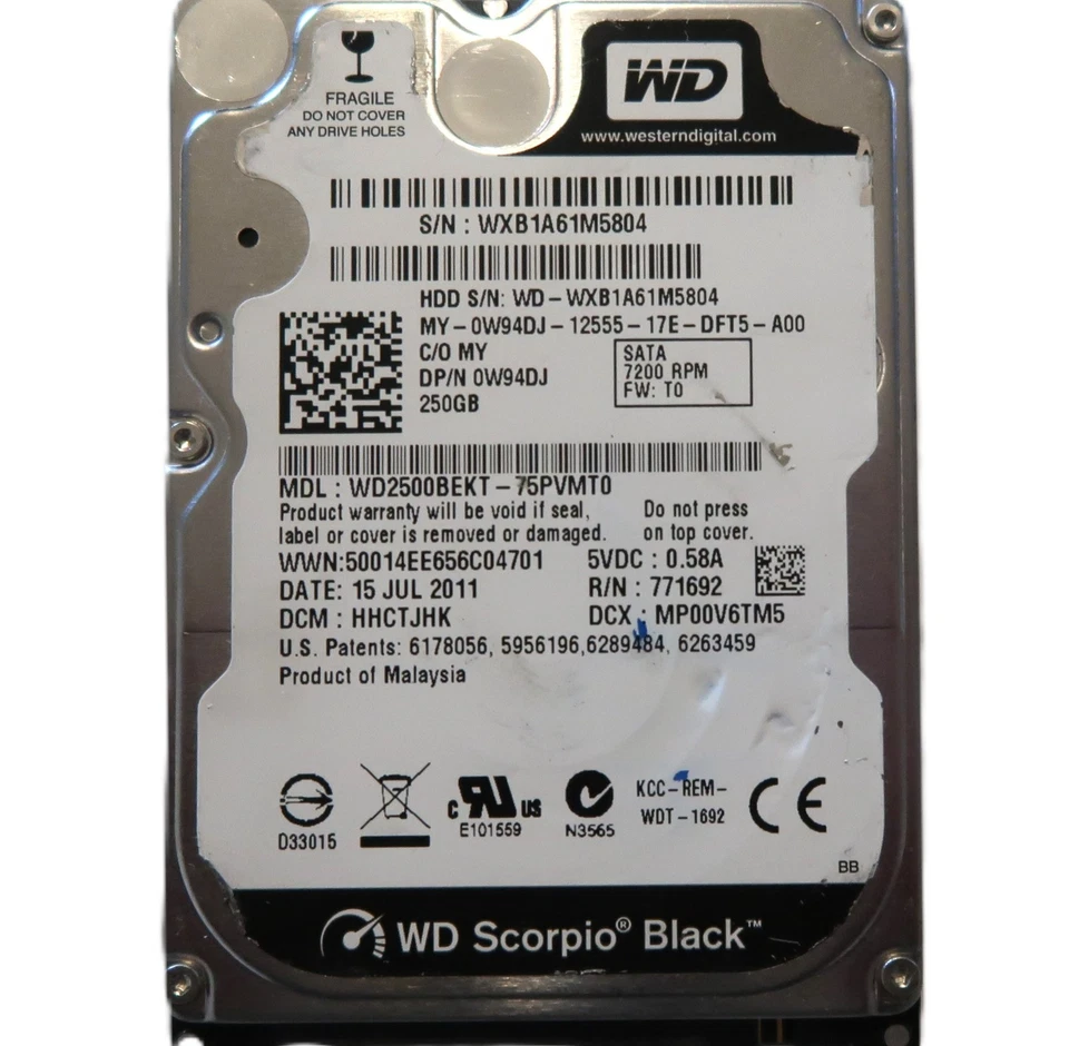 WD WD2500BEKT-75PVMT0 HHCTJHK (WXB1) Malaysia 250gb 2.5" Sata HDD 07/2011 - Image 1 of 1