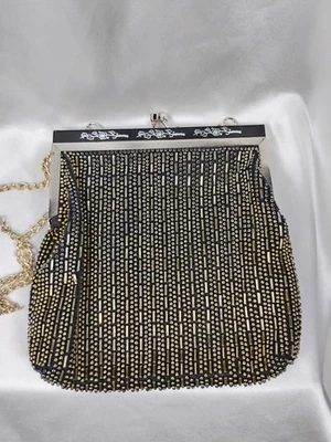 Antique Art Deco Silver Floral Filigree Frame Knit Iridescent Black Bead Purse - Image 1 of 4