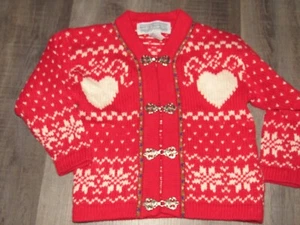 NEWTON TRADING CO. Girl's 4 Clasp Front Sweater Red White Hearts Valentine's Day - Picture 1 of 5