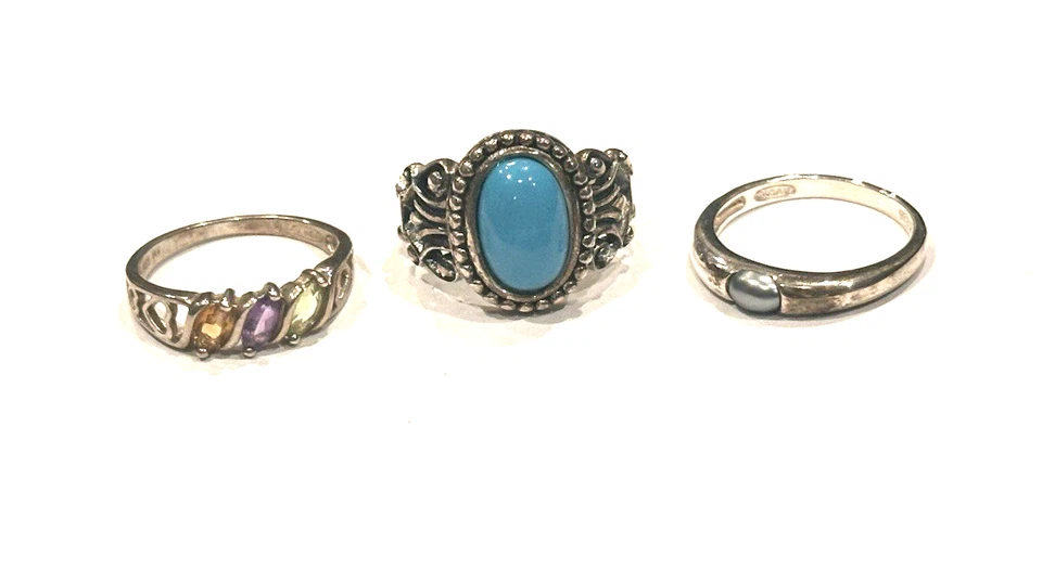 AVON RJ 925 STERLING GREY PEARL NV GEMSTONE FAUX TURQUOISE LOT 3 RINGS SIZE 8 EU - Image 1 of 4