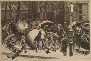 WINTER STREET SCENE KIDS MAKING SNOW BALL NEW YORK HARPER'S WEEKLY 1871 - Picture 1 of 2