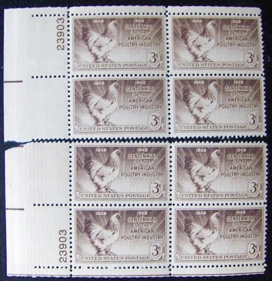 US 3¢ stamp SC #968 American Poultry Industry MNH 2 matching # plate blocks 1948 - Image 1 of 2