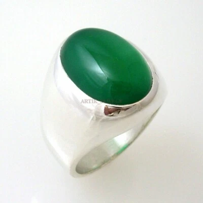 Verde Natural Onix Piedra Preciosa Con 14K Oro Blanco Chapado Anillo de Plata - Imagen 1 de 4