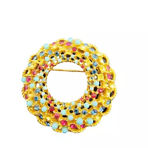 VTG Sarah Coventry Multicolor Wreath Brooch Gold Tone Rhinestone Cabochon Signed - Picture 1 of 24