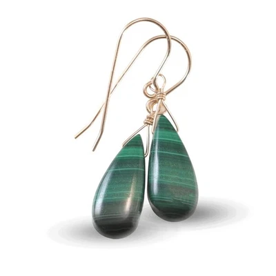 14k Solid Gold Malachite Earrings Green Smooth Simple Teardrops Sterling Natural - Image 1 of 4