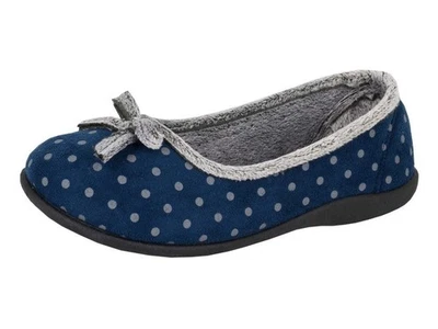 Sleepers LS325 Louise Navy Polka Dot Faux Fur Memory Foam Dolly Ladies Slippers - Image 1 of 4