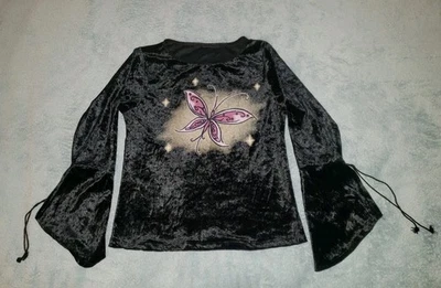 Vtg Black Crushed Velvet Lace Bell Sleeved Top Girls Size Large Black Butterfly  - Image 1 of 4