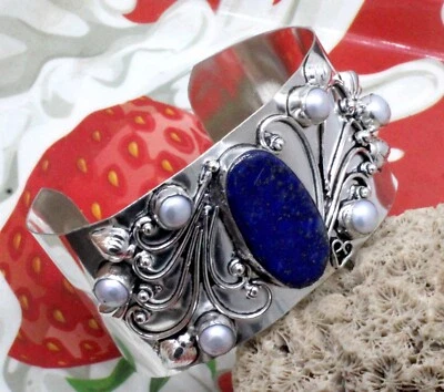 925 Sterling Silver Lapis Lazuli Gemstone Jewelry Cuff Bracelet Size-ADJ - Image 1 of 4
