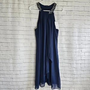 Gina Bacconi Beaded Halterneck Chiffon Cocktail Dress Navy Blue UK 16 Elegant - Picture 1 of 11