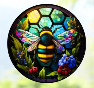 Bee & Flowers Faux Stained-Glass WINDOW CLING Sun-catcher Size 8" Round Vinyl - Picture 1 of 1