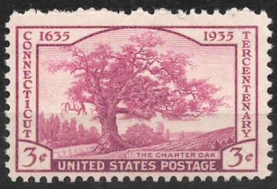#772 1935 3c SELLO DE EE. UU. The Charter Oak - Connecticut Edición del Tercer Centenario MNH Foto 1 de 2