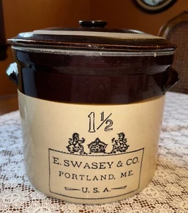 Antique 1800s E. Swasey & Co. 1- 1/2 Gallon Portland Maine Crock WITH LID! - Picture 1 of 12