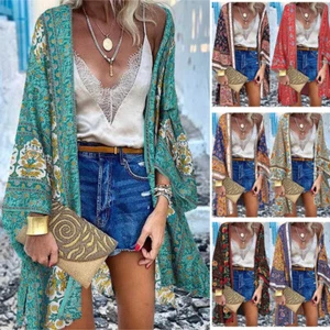 Women Floral Open Front Kimono Sleeve Coat Long Casual Loose Top Cardigan Jacket - Picture 1 of 18