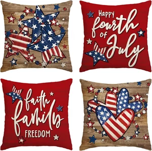 Happy 4Th of July Stars Love Hearts Wood Throw Pillow Covers, 18 X 18 Inch Faith - Picture 1 of 12