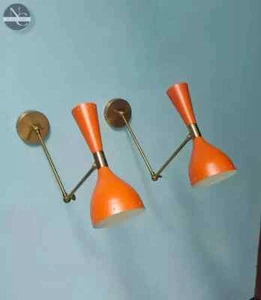 1950's Mid Century Brass Wall Sconce Pair Matte Orange Italian Wall Lamp - Picture 1 of 5