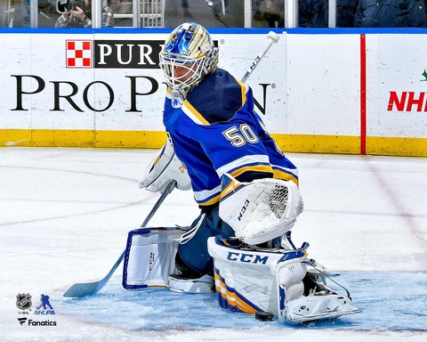 Jordan Binnington St. Louis Blues Unsigned Blue Jersey Pad Save 8" x 10" Photo Cover