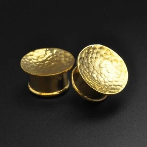 Hammered Mayan Flare Concave Brass Plug | Italian Brass Ear Gauges Stretchers - Picture 1 of 3