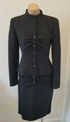 VALENTINO  Black Virgin Wool Ruched Long Sleeve Skirt Suit  – Size 6 - Image 1 of 4