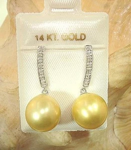 10mm Cultured Freshwater Golden Pearl .07Ct Diamond 14k White Gold Stud Earrings - Picture 1 of 2