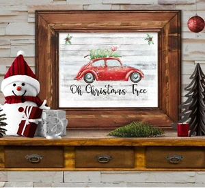 Red VW Beetle Christmas Tree Wall Art A4 Sign - Frame not Included - Picture 1 of 2