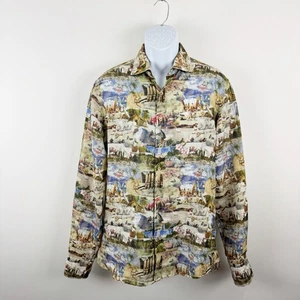 STENSTROMS Shirt Mens Medium Linen Surf Shack Surf Scene Print Floral Fitted - Picture 1 of 20