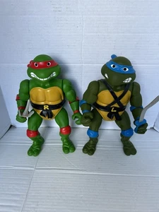 Vintage 1989 Playmates TMNT Raphael & Leonardo Ninja Turtles Action Figures 13” - Picture 1 of 10