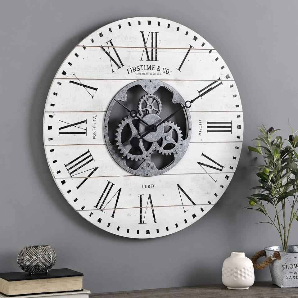 FirsTime & Co 31063 Shiplap Gears Wall Clock 27" Aged White