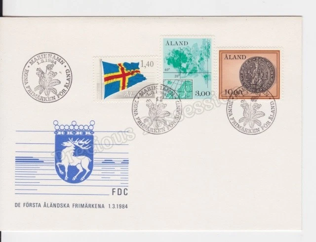 ALAND FDC FIRST DAY COVER STAMP SET 1984 DEFINITIVE FLAG, MAP AND COIN - Image 1 of 1