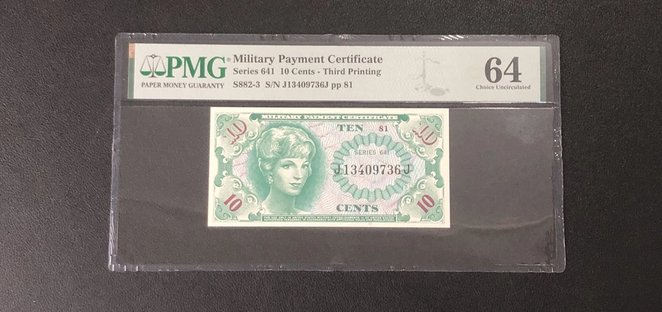 United States Military Payment Certificate 10 Cents Series 641 PMG 64 CU  #36J - Image 1 of 2