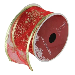 Northlight 12 Red Gold Glitter Snowflakes Wired Christmas Ribbon Spool 2.5" - Picture 1 of 3