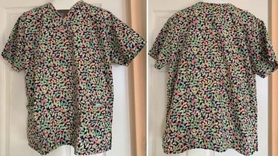 Barcotton Scrubs Medical Dental Nurse Butterflies Top Uniform L Large - Image 1 of 2
