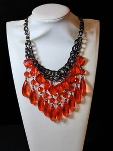 Statement Bib Necklace – Gunmetal Chain & Blood-Red Acrylic Beads – Gothic Vamp - Picture 1 of 7