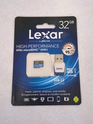 New Lexar 32GB High Speed Micro SDHC Memory Card 633x Class 10 UHS-I w/Reader - Image 1 of 3