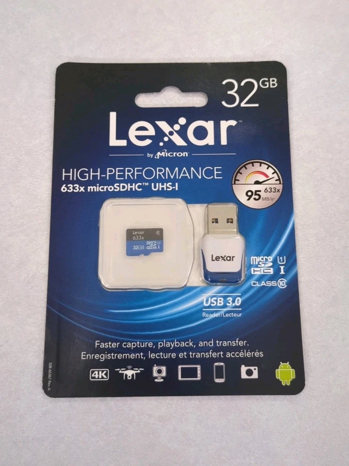 New Lexar 32GB High Speed Micro SDHC Memory Card 633x Class 10 UHS-I w/Reader - Image 1 of 3