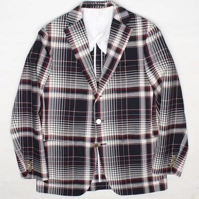 Terno de verão personalizado masculino 38S 33W azul marinho branco vermelho sombra xadrez jaqueta shorts - Imagem 1 de 4