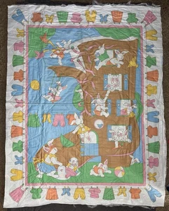 Vintage Bunny Family Boot Quilting Quilt Panel Colors Needs Finished TU1 - Picture 1 of 4