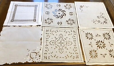 6 anciens napperons en fil de lin brodés mains Richelieu jours dont 1 monogrammé - Photo 1/4