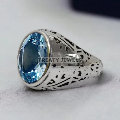 Piedras preciosas de aguamarina de corte ovalado con anillo de plata de ley 925 para hombre #213 Foto 1 de 4