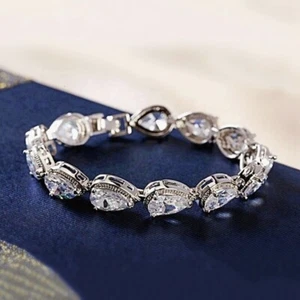 18K White Gold Filled Cubic Zirconia Pear Drop Clear Silver Link Tennis Bracelet - Picture 1 of 5