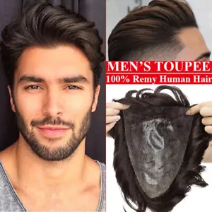 Mens Toupee Human Hair Replacement Poly Skin System Fine Mono Remy Hairpiece #1B - Picture 1 of 50