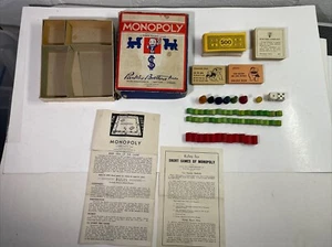 Vintage 1930"s Monopoly Game Parker Brothers Blue Red Box Wooden Pieces NO Board - Picture 1 of 6