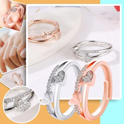 Ladies Ring Size Adjustable Heart With Zirconia Ring Wedding Ring Silver 925 New - image 1 of 4
