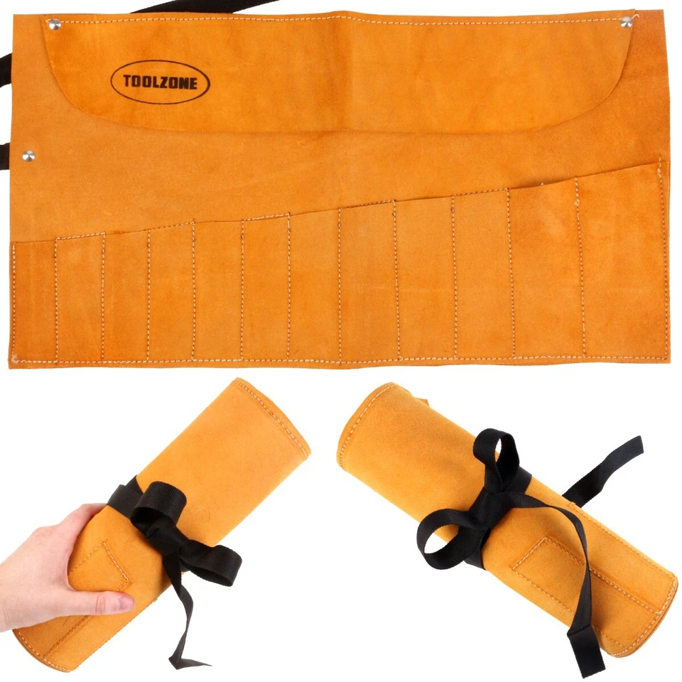 GENUINE LEATHER 12  Pocket TOOL ROLL Quality Spanner Tool Storage Case Fold Up - Image 1 of 4