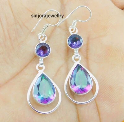Mystic Topaz Gemstone 925 sterling silver handmade Dangle/Drop Earring 2" - Image 1 of 4
