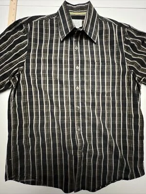 Indigo Palms Shirt Men’s Button Down Short Sleeve Plaid Black Tan Cotton Medium - Image 1 of 4