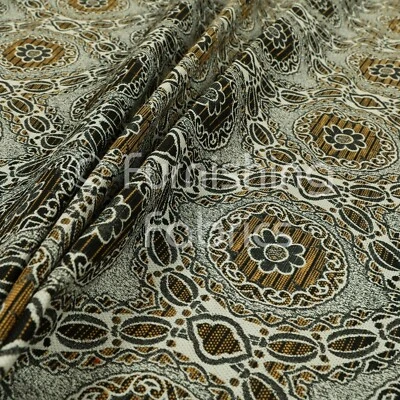 Glitter Upholstery Furnishing Pattern Fabric Damask Circle In Grey Black Yellow - Image 1 of 4