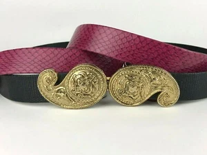 VTG Women's Gold Tone Paisley Buckles & 2 Snakeskin Pattern Belts Black & Purple - Picture 1 of 12