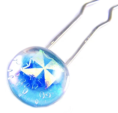 Дихроичная стеклянная булочка заколка для волос бирюзовая сине-золотистая вертушка радужная волнистая - Изображение 1 из 4